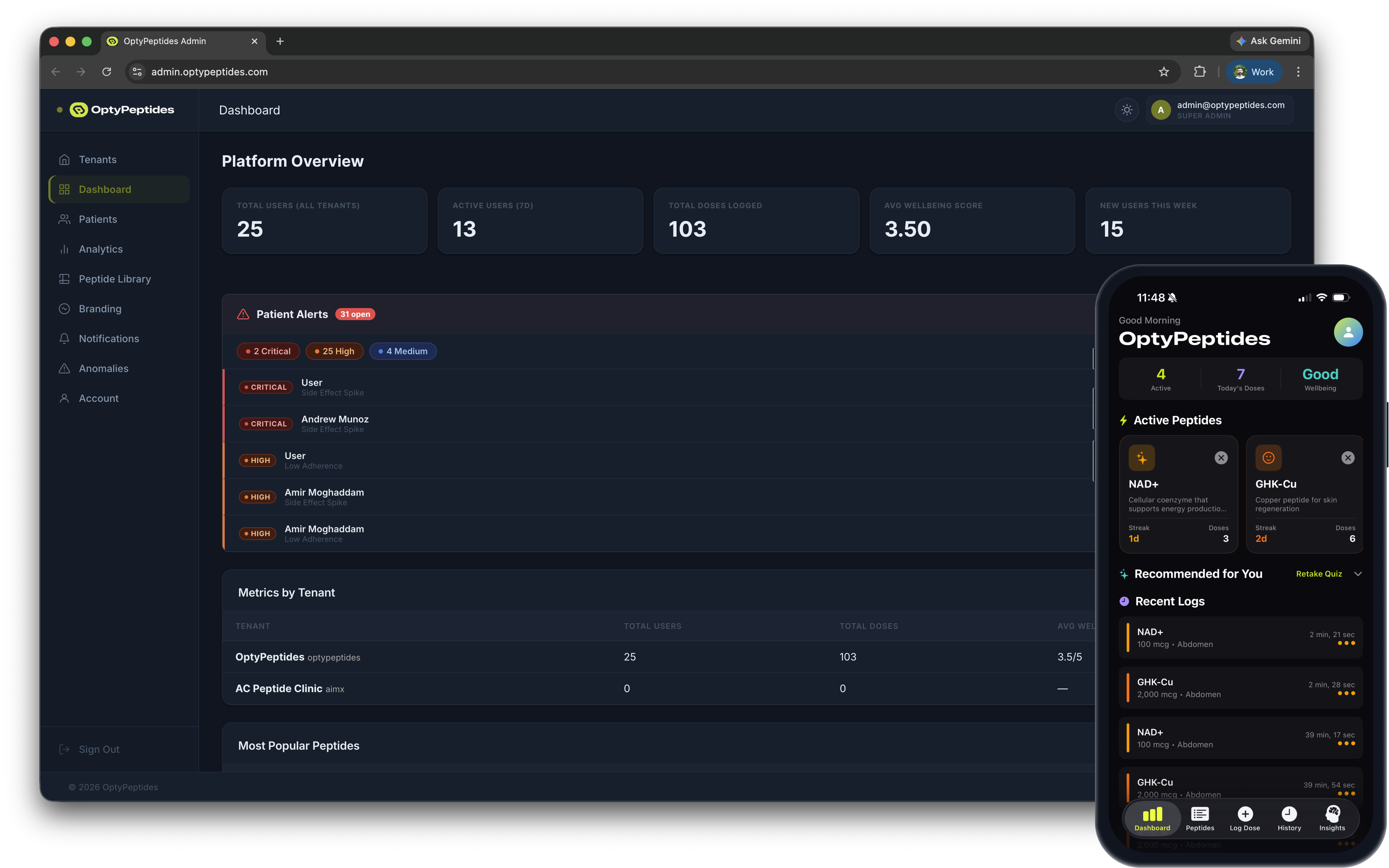 OptyPeptides admin dashboard and mobile app